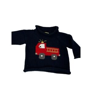 Clavce Baby Sweater 6M Fire Truck rolled neck‎ Knit Navy Long Sleeve Pullover